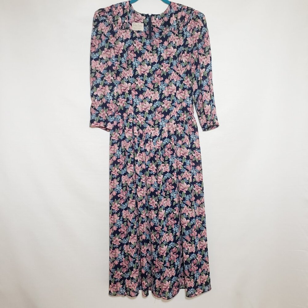 Vintage Navy Floral Midi Dress with Pink Blossoms - Picture 7 of 7